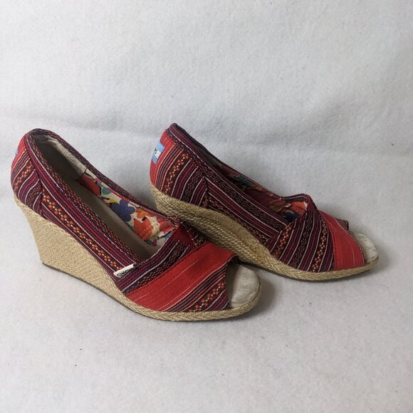 Toms Women's Peek Toe Canvas Wedge Heel Size 7.5 - Picture 1 of 7